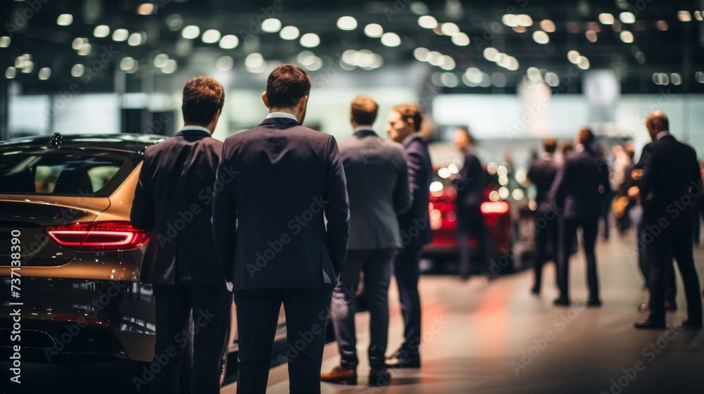 Business executives standing in exhibition car hall, new car exhibition