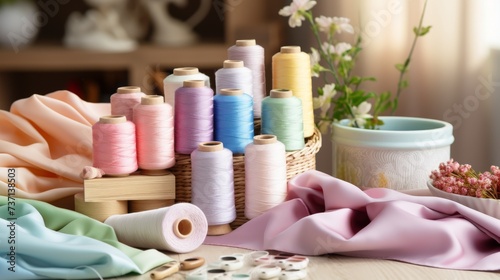 Various pastel colored fabric rolls surrounded by sewing tools