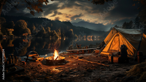 Aspect ratio 16:9 camping in a hut or tent amidst the atmosphere of lakes, forests and valleys in summer or winter.