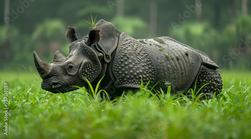 A javan rhinoceros (Rhinoceros sondaicus) standing in a grassy field with the horizon in the background, ai generated photo