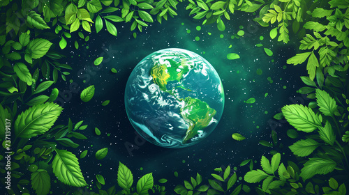 Earth globe with green leaves and plants in nature. Environment and conservation concept. International Mother Earth Day. Environmental problems and protection. Caring for nature