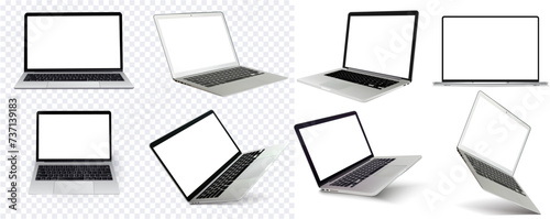 Collection of high-resolution laptops displaying front, side, and angled views, perfect for showcasing digital designs. Set of Modern Laptops in Various Views Isolated on Transparent Background.Vector