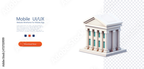 Digitally rendered 3D model of a neoclassical building with iconic columns, ideal for architectural designs and presentations. Bank building. Online banking, finance, bank transactions, bank service.