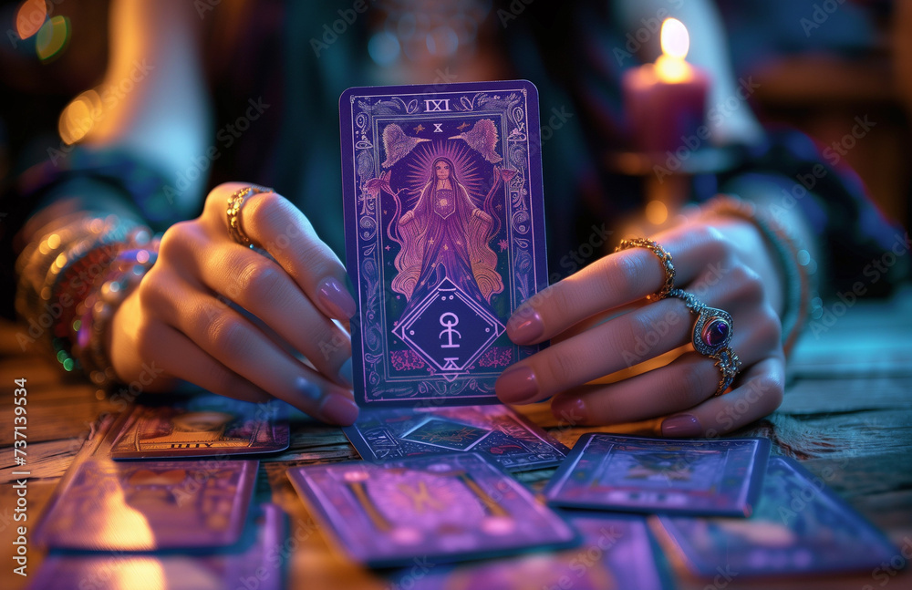 Womans hands holding oracle tarot cards in purple tones with a mystical vibe. Image for fortune telling and mediumship. A candle lit in the background.