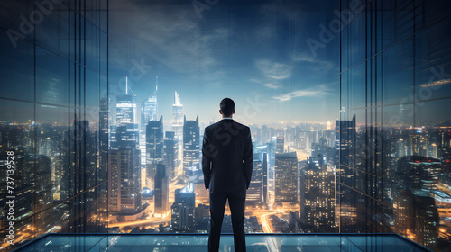 Businessman looking out of a window and looking at the city,, A man stands on a ledge looking at a cityscape