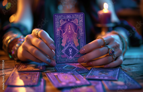 Womans hands holding oracle tarot cards in purple tones with a mystical vibe. Image for fortune telling and mediumship. A candle lit in the background. photo
