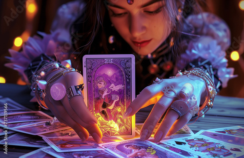 Woman holding oracle tarot cards in purple tones with a mystical vibe. Image for fortune telling and mediumship. A candle lit in the background. photo