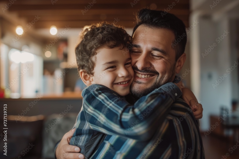 Father and son sharing a heartwarming embrace at home.