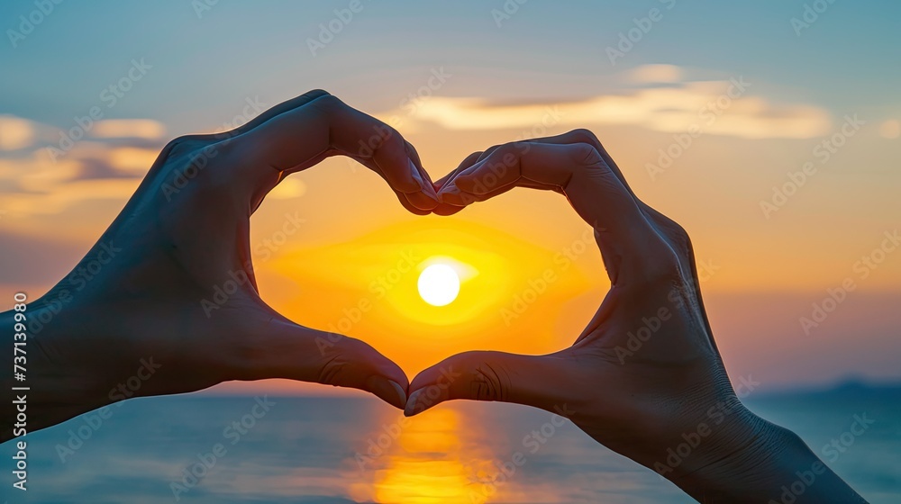 Fototapeta premium Two Hands Forming Heart Shape at Sunset or Sunrise on Beach Romantic Love and Valentines day Concept