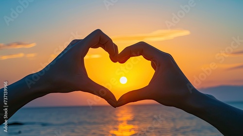 Two Hands Forming Heart Shape at Sunset or Sunrise on Beach Romantic Love and Valentines day Concept