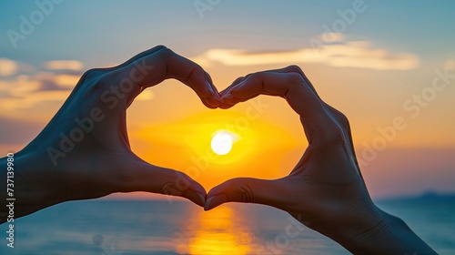 Two Hands Forming Heart Shape at Sunset or Sunrise on Beach Romantic Love and Valentines day Concept