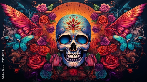 Colorful Skull With Roses © mohsan