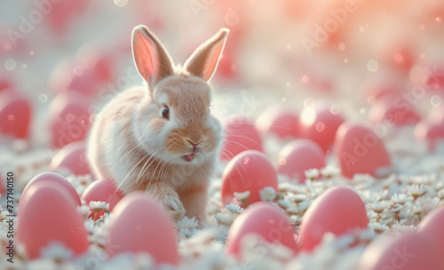 Cute fluffy bunny on a pink background. Bunny and Easter eggs. Spring mood. © Gulnaz