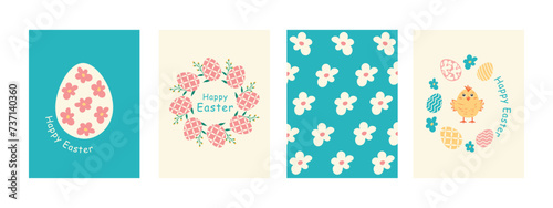Set of Easter cards on a blue and beige background. Easter eggs, Easter wreath and Happy Easter inscription. Vector illustration eps 10