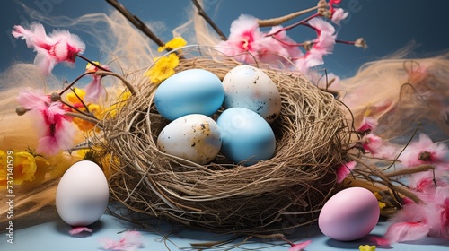 colorful colored eggs in a birds nest with pink flowers