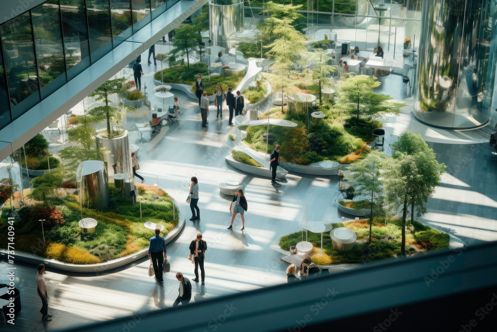 Fototapeta premium Corporate luxury modern interior. Business open space. Hotel lobby. Business people walking in modern glass company office building. High glass walls