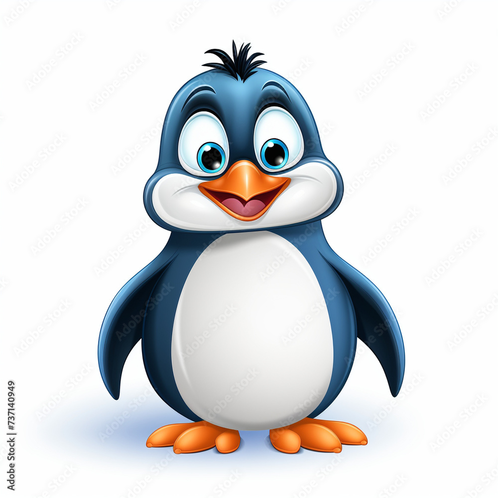 Fototapeta premium Happy penguin, white background, cartoon style