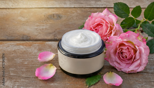 Jar of body cream and beautiful pink rose flowers on wooden background with copy space
