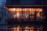 People sitting in coffee shop at night on rainy evening. Exterior of restaurant with large front store windows. Small business. Coffee house at night
