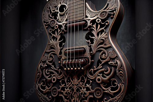 3d Art Render illustration, wooden guitar with Mexican pattern, background.