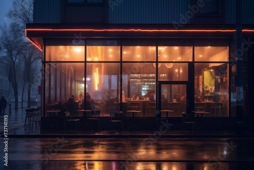 People sitting in coffee shop at night on rainy evening. Exterior of restaurant with large front store windows. Small business. Coffee house at night photo