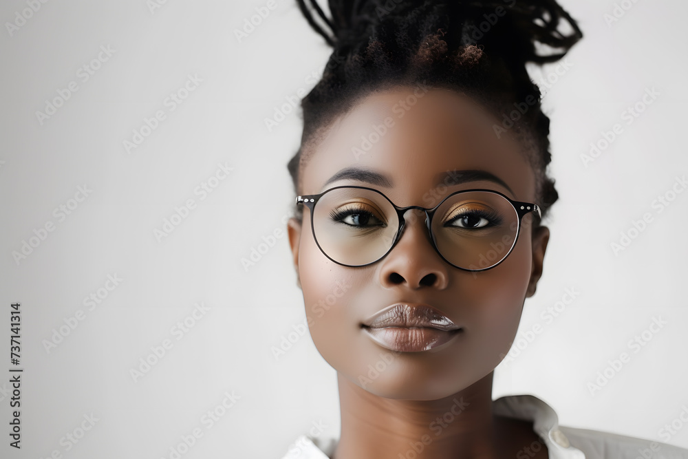 Closeup portrait of beautiful African American woman wearing eyeglasses isolated on white background Closeup portrait of beautiful African American woman wearing eyeglasses isolated on white background