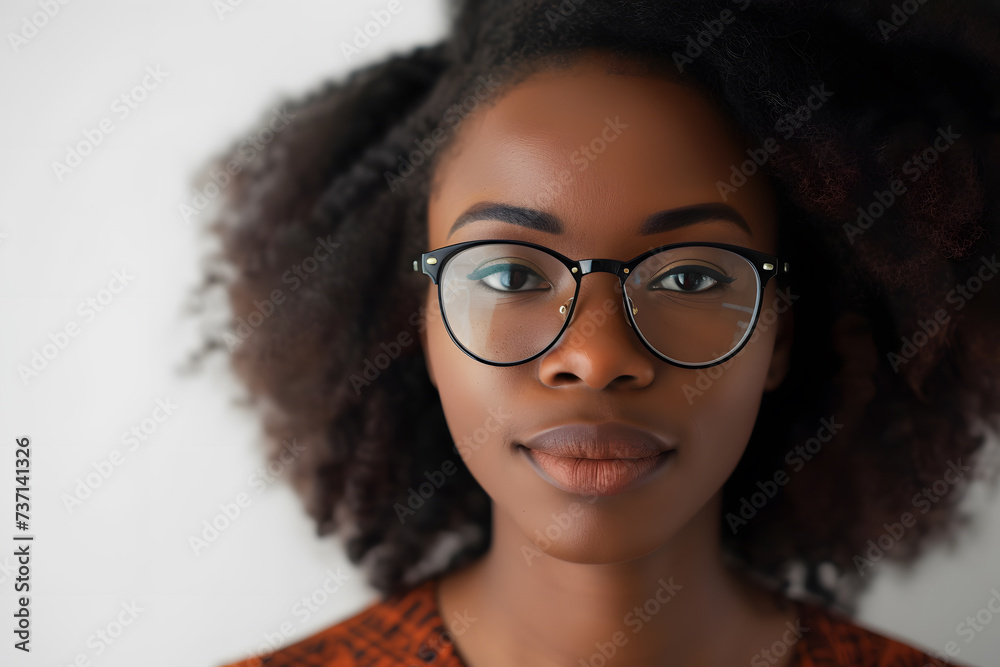 Closeup portrait of beautiful African American woman wearing eyeglasses isolated on white background Closeup portrait of beautiful African American woman wearing eyeglasses isolated on white background