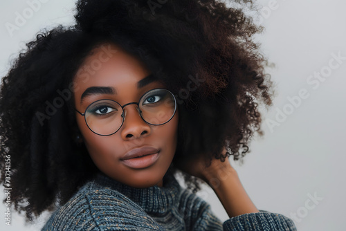 Closeup portrait of beautiful African American woman wearing eyeglasses isolated on white background