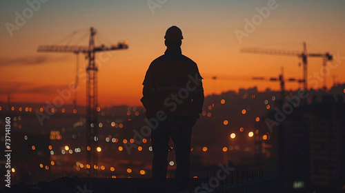 Young engineer watching infrastructure construction In the evening when the sun goes down