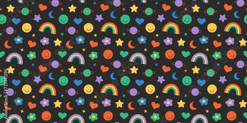 Fun retro cartoon sticker seamless pattern. Trendy doodle icon background with flower, happy face and rainbow. Colorful vintage groovy art label wallpaper, cute emoticon symbol print. 