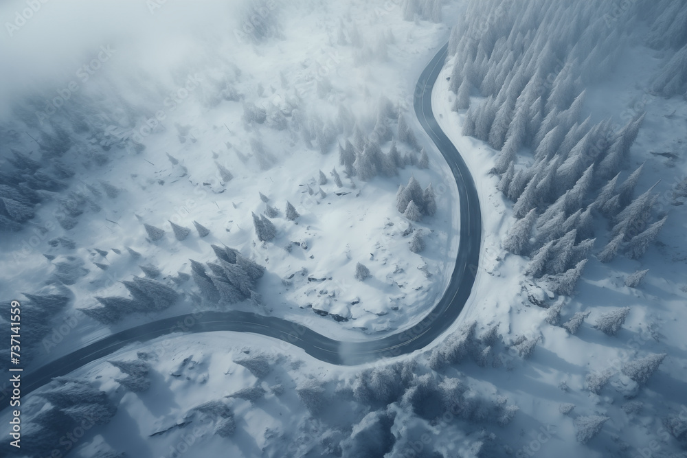Winding road among wooded hills in winter aerial view