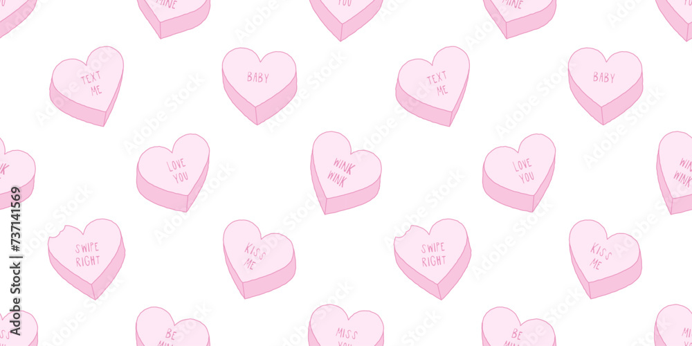 Pink heart candy seamless pattern illustration. Cute love quote hearts background print. Valentine's day holiday backdrop texture, romantic wedding design. Pastel color sweet with funny message.