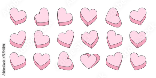 Pink heart candy cartoon illustration set. Cute love hearts collection. Valentine's day holiday doodle bundle, romantic design on isolated background. Pastel color sweet dessert food.