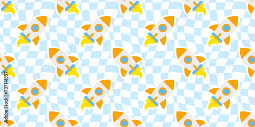 Cute rocket space ship cartoon seamless pattern. Retro checkered children background texture. Trendy wavy checker board print, travel doodle wallpaper. © Dedraw Studio