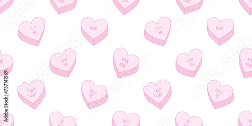 Pink heart candy seamless pattern illustration. Cute love quote hearts background print. Valentine's day holiday backdrop texture, romantic wedding design. Pastel color sweet with funny message.