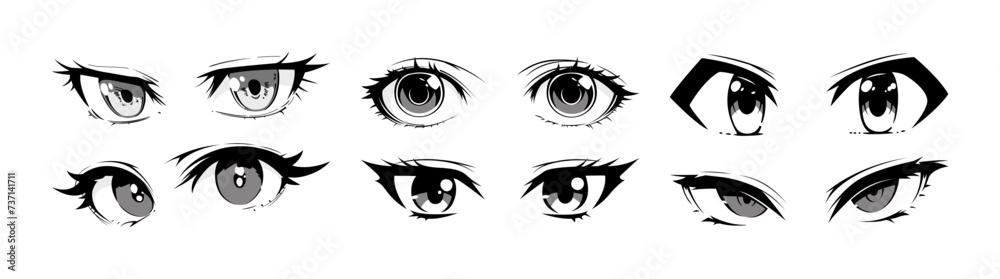 Japenese anime eye close up set on isolated background. Black and white manga cartoon character, animation art style bundle. Trendy Y2K eyes, facial expression graphic, diverse comic book people. Japenese anime eye close up set on isolated background. Black and white manga cartoon character, animation art style bundle. Trendy Y2K eyes, facial expression graphic, diverse comic book people.