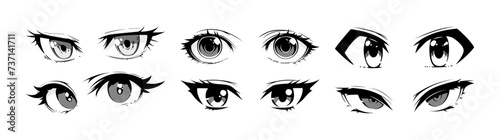 Japenese anime eye close up set on isolated background. Black and white manga cartoon character, animation art style bundle. Trendy Y2K eyes, facial expression graphic, diverse comic book people.