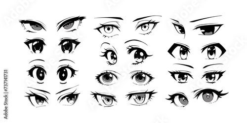 Japenese anime eye close up set on isolated background. Black and white manga cartoon character, animation art style bundle. Trendy Y2K eyes, facial expression graphic, diverse comic book people.