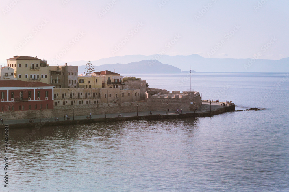 Venetian embankment in the old harbor of Chania in Greece on the island of Crete