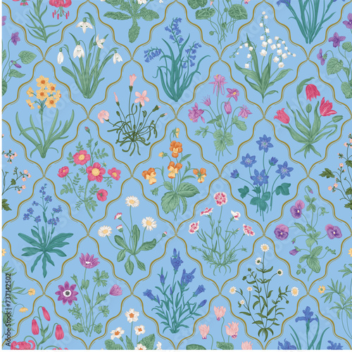 Millefleurs. Seamless pattern. Vintage vector botanical illustration. Blue