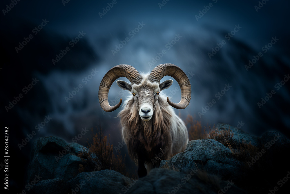 Illustration of a mountain ram with large horns, in the style of wild animals, winter and snow, symmetrical harmony, fabulous naturalness. Unusual nature.