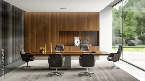 Elegant and minimalist office interior. Luxurious executive office with walnut wood paneling.