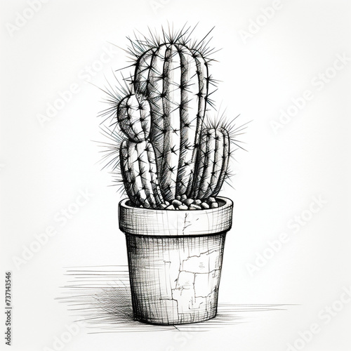 Sketch of a cactus in a pot, charcoal, white background