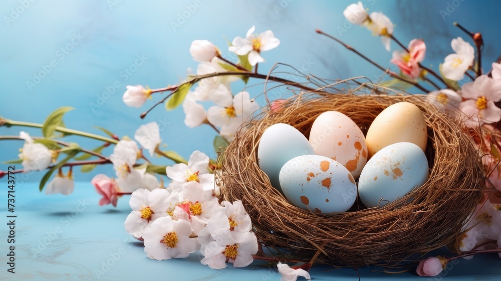 colorful easter eggs in a nest on blue background