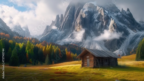 a painting of a cabin in front of a mountain range with clouds in the sky and trees in the foreground.