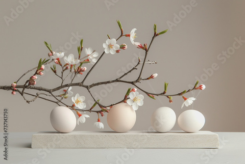 Geometric podium stands for product presentation, Easter eggs, on a gray background. AI Generated