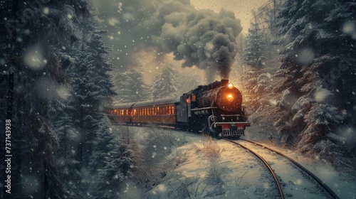 a train that is on a train track in the snow with a lot of smoke coming out of the top of it.