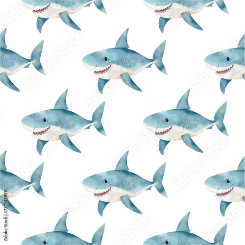 Vector seamless pattern with shark in watercolour style. Children's print design, fabric, wrapping paper, covers