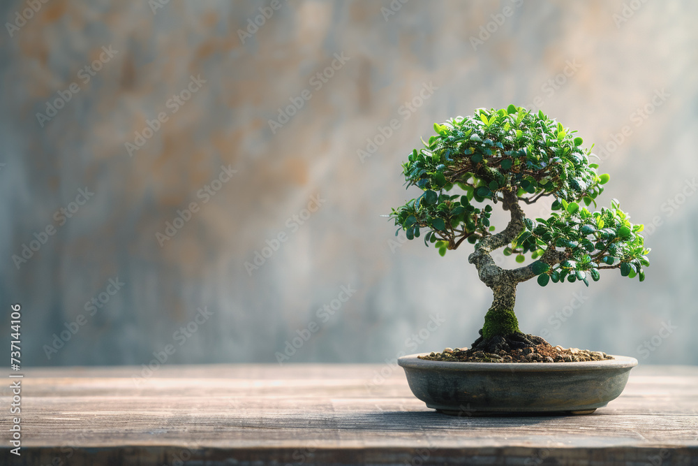 Traditional bonsai tree on a wooden oak table, calm atmosphere, minimalism, copy space. AI Generated