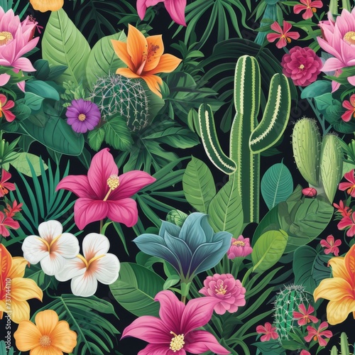 Captivating Latin American Floral and Cactus Pattern on Dark Backdrop.